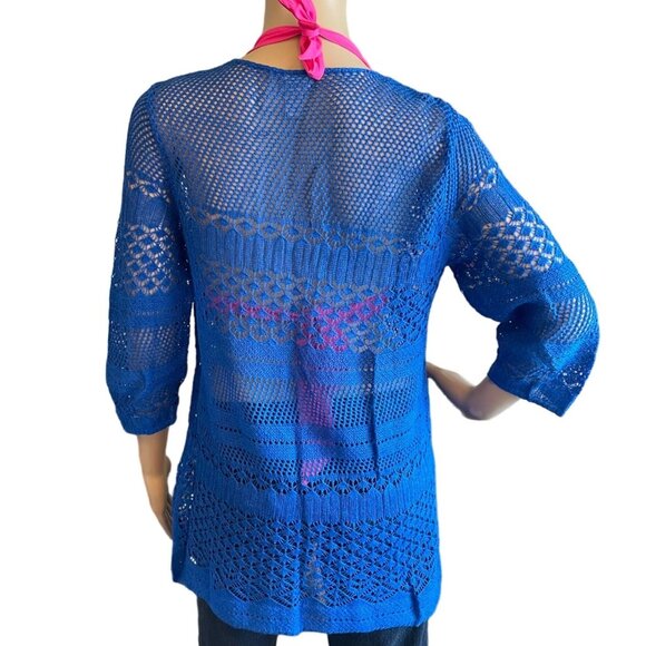 Chicos Blue Crochet Knit Top Size M Swim Cover Up Pullover Lightweight Color Pop - Picture 6 of 12